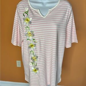 Quacker Factory Vtg. Pink & White Striped Top with Rhinestone Accents Large NWT
